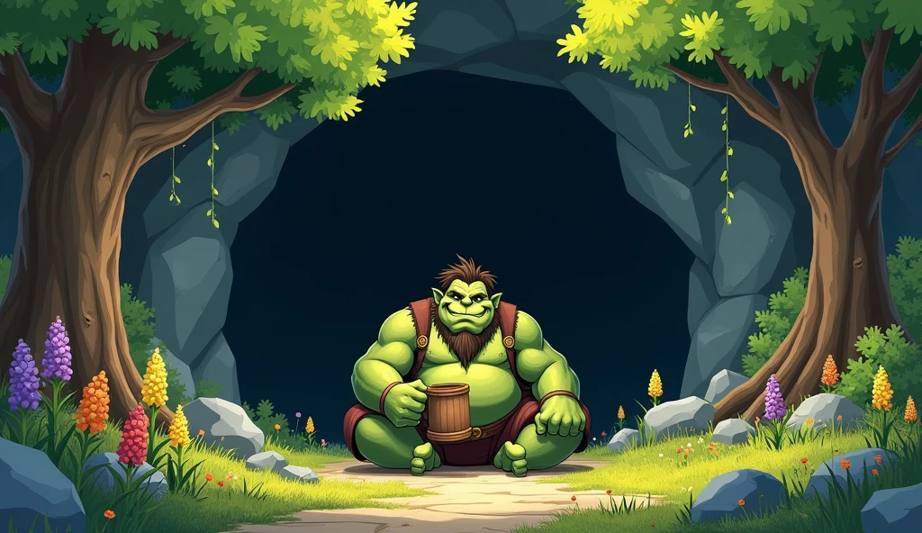 **Background and Scenery:**
- The cave entrance is wide and dark, with rough, jagged rocks all around. The interior of the cave is dark, contrasting with the light outside. The scenery around the entrance is a natural environment, with tall, thick trees, their dense canopies creating a soft shade.
**Grum, the Ogre:**
- Grum is a 40-year-old ogre, 2 meters tall. His skin is green and his appearance is robust and muscular. His hair is dark brown and disheveled, complementing his image of a rustic ogre. He sits at the entrance to the cave on a rock or log, with a relaxed and laid-back posture. He holds a large wooden mug, showing a calm and friendly smile, which conveys a sense of satisfaction and peace.
**Environment Around:**
- The cave's surroundings are surrounded by tall trees, with thick trunks and dense canopies. The trees are vibrant green and their leaves are thick. Around the cave entrance, there are colorful wildflowers, such as yellow, red and purple, adding a vibrant contrast to the green of the trees and Grum's skin. Small rocks and twigs are scattered around the area where Grum is sitting, creating a natural and authentic environment.
**Lighting and Atmosphere:**
- The lighting is soft and natural, coming from the outside environment. The light illuminates Grum's figure and highlights his calm smile, while the cave entrance is in shadow, adding a touch of mystery and depth to the scene. 2D, cartoon.