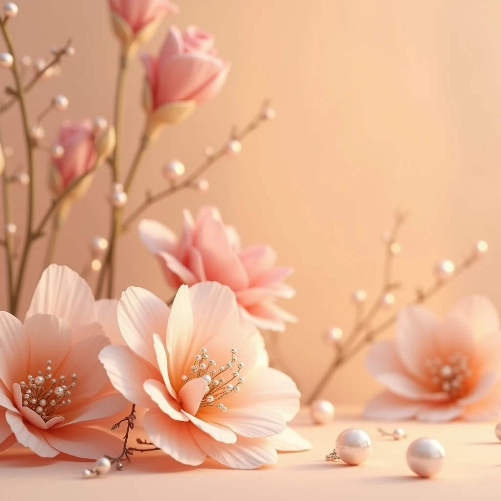 "Design a luxurious background with a smooth peach-colored surface. Scatter delicate flowers throughout the scene, intricately adorned with small beads and pearls for an added touch of elegance. The flowers should be arranged in a balanced yet organic composition, creating a soft, romantic atmosphere. The lighting should be gentle and warm, highlighting the details of the flowers and the subtle sheen of the beads and pearls, making it an ideal backdrop for showcasing jewelry."