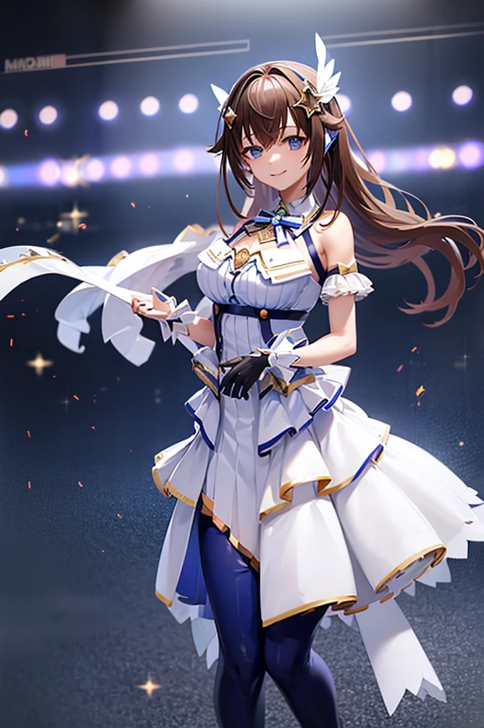 mecha wings、White and blue skirt、Thighs、tights、chest、Black Hair、1 girl、solo girl、IS、Frame Arms Girl、Alice Gere Aegis、Blue Armor、income、headphone、hand on own chest、smile、idol woman、idol dress