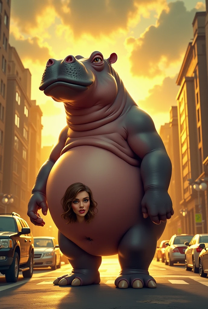 Caricature picture of a hippopotamus standing at a busy yellow city street intersection under a sky with dramatic clouds. The hippo is in the center of the frame and appears to be looking slightly to the right with its mouth closed. On its buttocks is the face of a beautiful woman who is about to emerge from the hippo's buttocks. Warm lighting and long shadows on the ground indicate a dusk atmosphere.