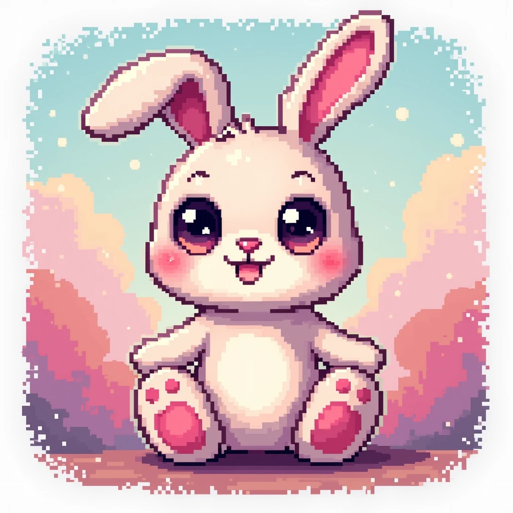 A sticker of a kawaii bunny in pixel art style, with bright colors and defined edges. The pixelated white border creates a retro effect on the sticker