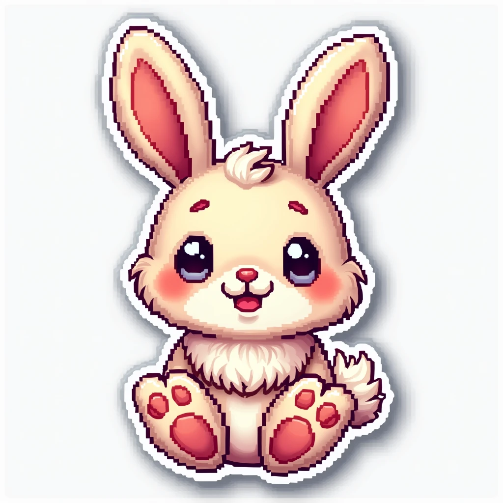 A sticker of a kawaii bunny in pixel art style, with bright colors and defined edges. The pixelated white border creates a retro effect on the sticker