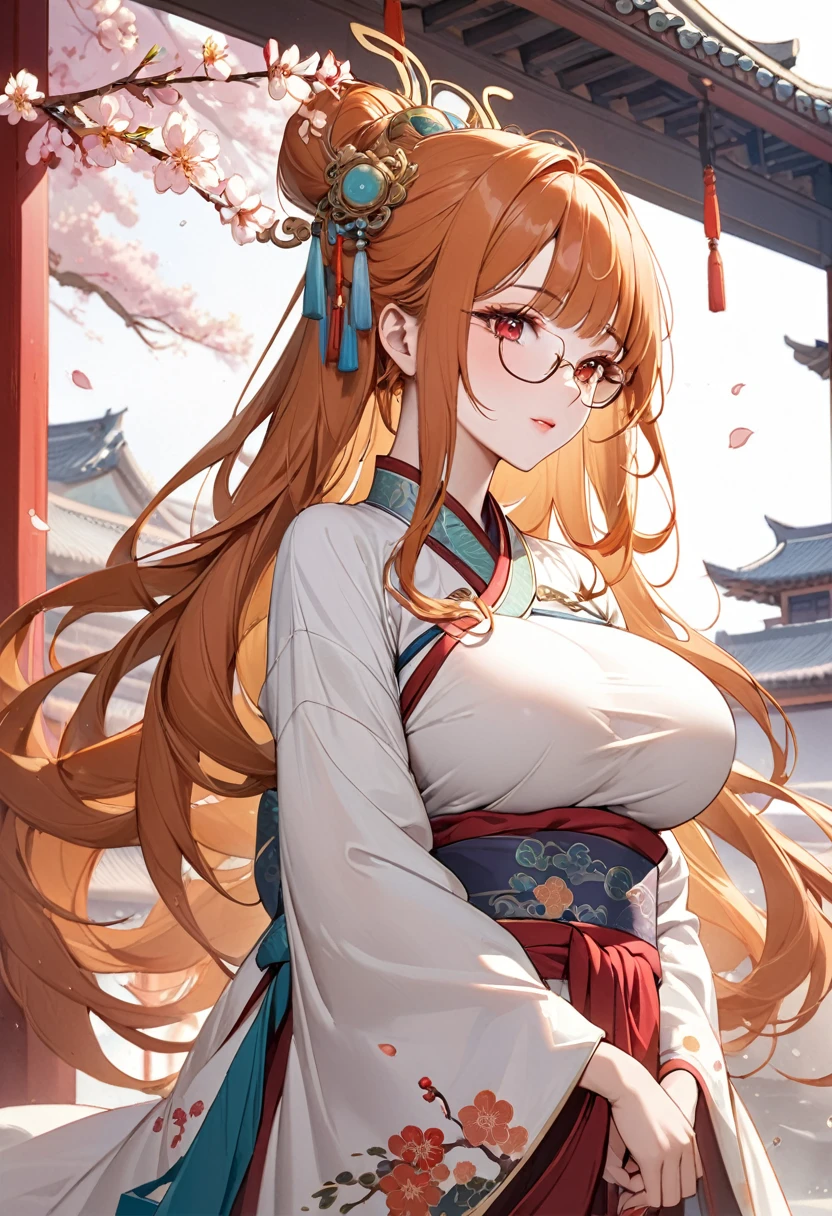 ((best quality)), ((Masterpiece)), (details), Young woman, alone, (big breasts, orange hair, red eyes, ((My hair is very long., Long wavy hair)), (Bangs:1.3) , curve, large breasts, huge breasts, beautiful face, Beautiful skin , Long eyelashes, Thick eyelashes) , gold frame glasses, hair accessories, Hanfu, east asian architecture, Petals fall, cherry tree, Ancient Chinese clothing,Dunhuang costume