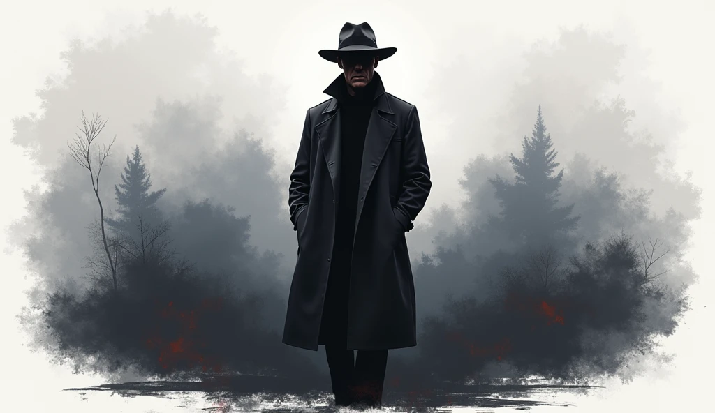 "Create a high-resolution profile picture for a YouTube channel named 'True Noire,' which focuses on crime investigation. The profile picture should feature a simple, classy, and brandable graphic of a crime investigator. The design should include strong, recognizable elements like a fedora hat and a trench coat, symbolizing a classic detective. The graphic should be minimalist, with clean lines and a monochromatic color scheme, possibly using shades of black, white, and a touch of deep red or blue to align with the crime investigation theme. Ensure the image is centered and has a transparent background layer to allow flexibility in its use across various platforms."