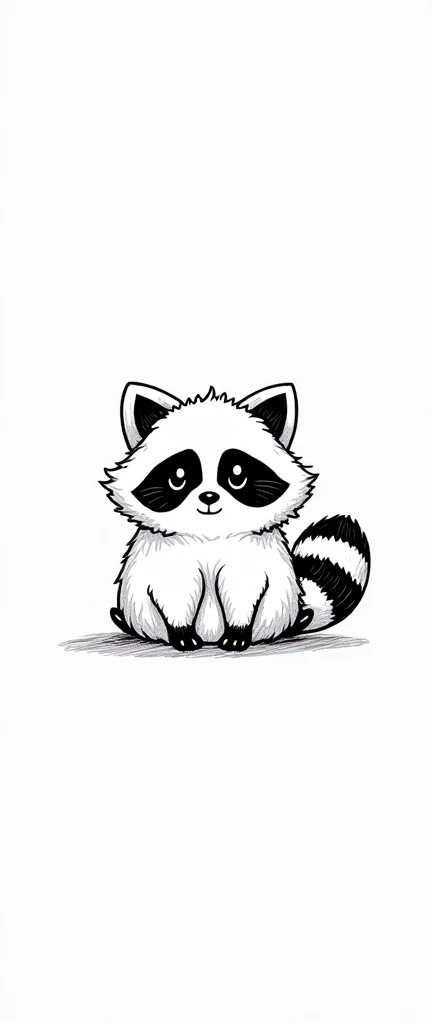 A captivating photograph of a cute extra fluffy baby realistic raccoon A simple line drawing of an adorable. The design should be minimalistic, with bold black lines against a white background. It must convey a sense of simplicity and a cute character vibe.