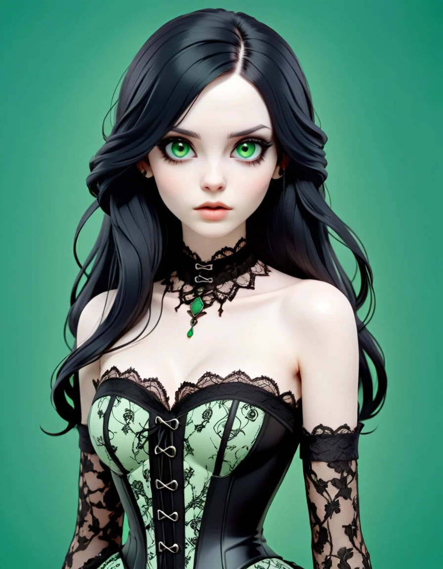 gothic girl, clear brown eyes, porcelain white skin, long loose black hair, No hair accessories, black lace and corset dress. estilo 3d. green color background.