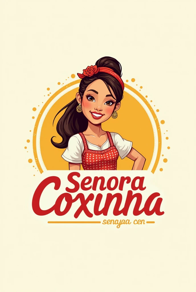 I want a logo for a snack shop called Senhora Coxinha, with image of a lady, salty and written lady coxinha in Portuguese