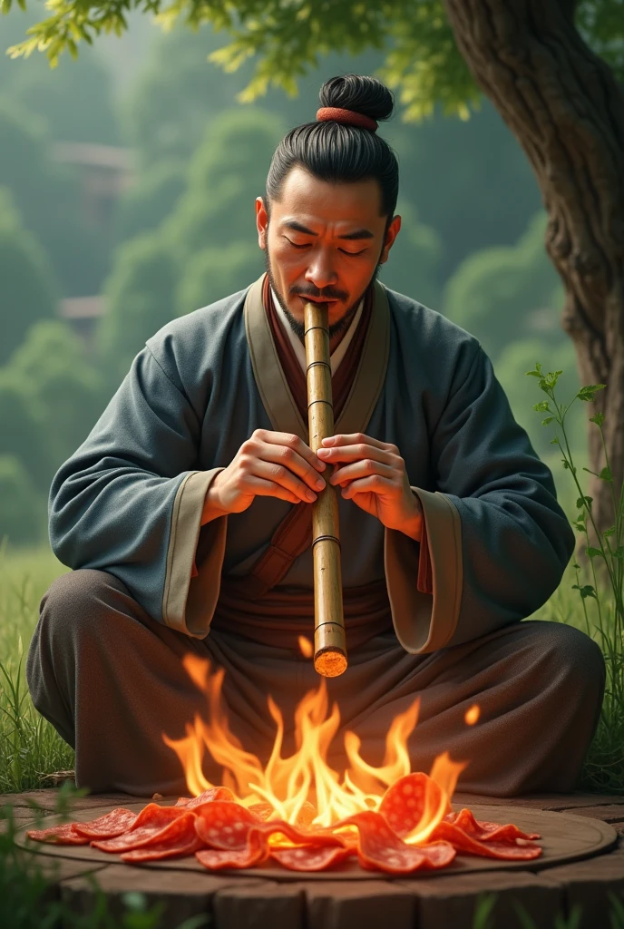 Chinese man playing flute and roasting pepperoni