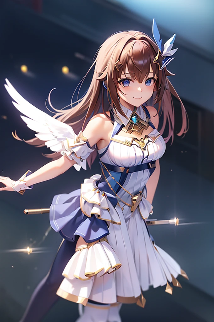 mecha wings、White and blue skirt、Thighs、tights、chest、Blue Hair、1 girl、solo girl、IS、Frame Arms Girl、Alice Gere Aegis、Blue Armor、income、headphone、hand on own chest、smile、idol woman、idol dress