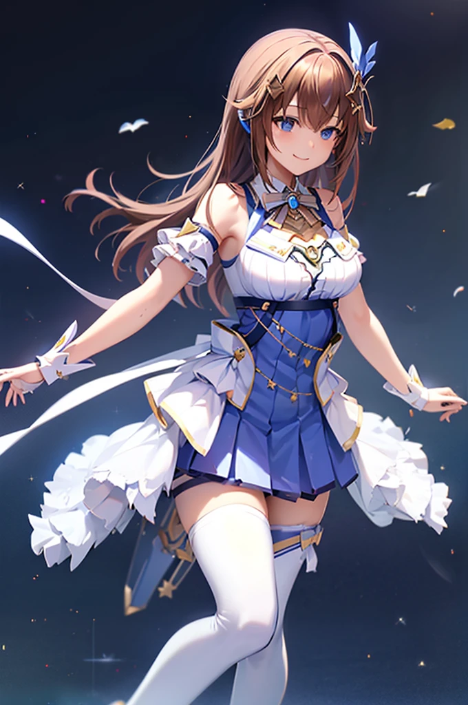 mecha wings、White and blue skirt、Thighs、tights、chest、Blue Hair、1 girl、solo girl、IS、Frame Arms Girl、Alice Gere Aegis、Blue Armor、income、headphone、hand on own chest、smile、idol woman、idol dress