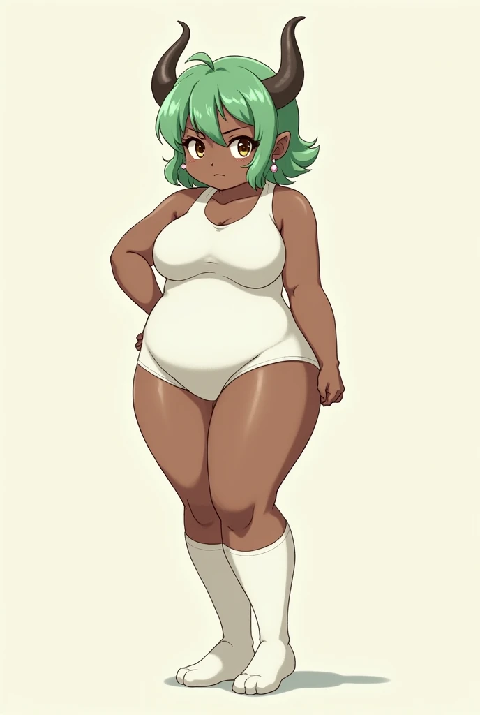 anime thicc girl with legs with short green fluffy hair on the face with a slightly dark body with horns coming out of his head with a dark body with chubby cheeks with white clothes with knee-high sock with earrings in ears