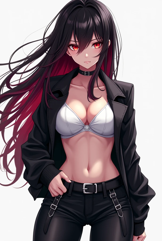 Anime girl with black and red hair black pants and white bra red eyes black jacket on top strap on pants
