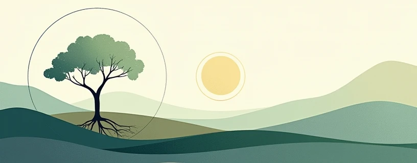 "Design a Facebook cover image for a channel focused on holistic well-being and personal development, with a gender-neutral aesthetic. Use a calming color palette featuring earthy tones like muted greens, deep blues, and soft grays to create a serene and balanced atmosphere.
Incorporate abstract elements that symbolize growth, balance, and harmony, such as a minimalist tree with interconnected roots and branches, geometric shapes like circles and lines that convey stability, or a landscape with rolling hills and a soft sunrise. The background should be clean and uncluttered, possibly featuring subtle gradients or textures that evoke a sense of tranquility and continuous progress.
The overall design should be modern, minimalistic, and inviting, evoking feelings of calm, focus, and personal growth. Avoid using overly feminine or masculine motifs, ensuring the cover image appeals to a wide audience interested in achieving a balanced and fulfilling life."