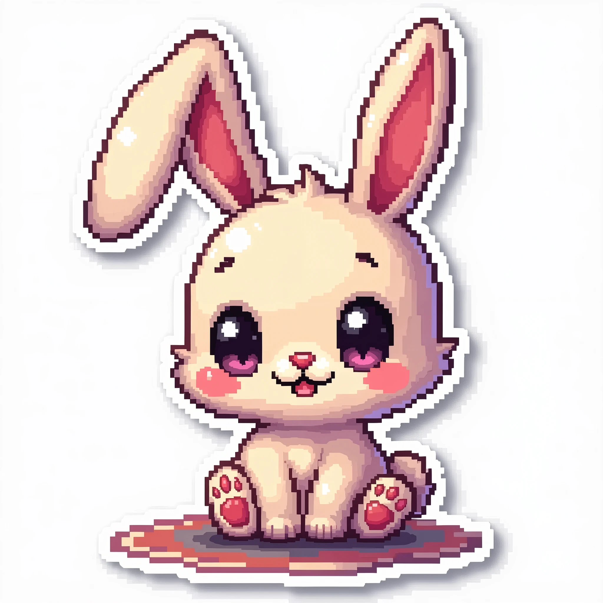 A sticker of a kawaii bunny in pixel art style, with bright colors and defined edges. The pixelated white border creates a retro effect on the sticker