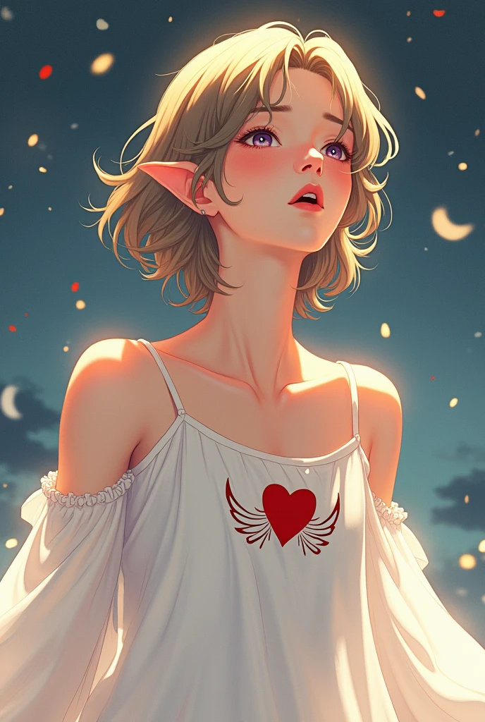 a young half-elf man with delicate, feminine features and shoulder-length light brown hair wearing a white dress with a winged red heart symbol drawn on the clothes at chest height, singing.
anime style