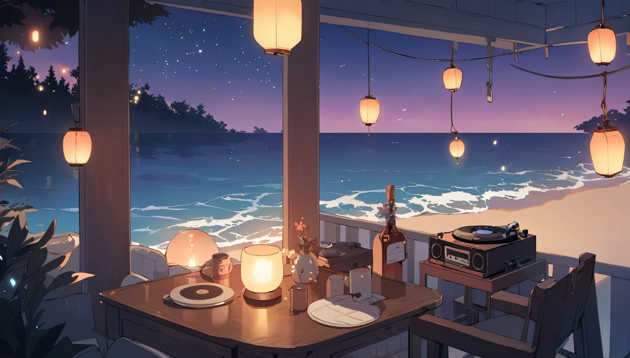 Lofi girl, A tranquil night by the ocean, where gentle waves lap against the shore under a starlit sky. The scene is bathed in soft, soothing moonlight, with a cozy beach setup featuring a low wooden table, candles, and a vintage record player softly playing lofi music. A warm, glowing lantern hangs from a nearby tree branch, casting a calming amber light. The colors are muted blues and purples, with hints of pink and red in the sky. The overall atmosphere is serene, perfect for sleep and relaxation
