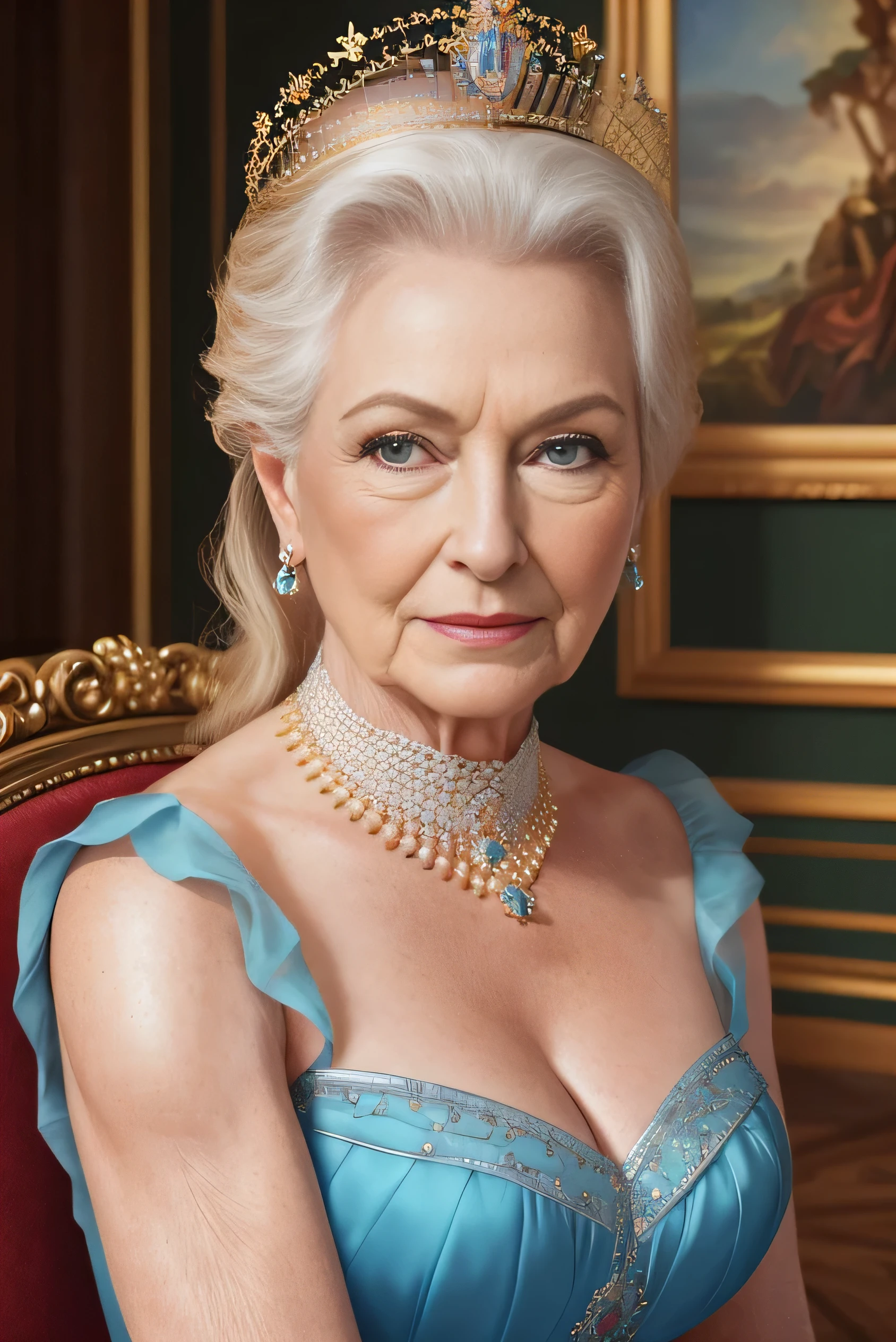 (Highest quality,4K,8k,High resolution,artwork:1.2),Very detailed,(Realistic,photoRealistic,photo-Realistic:1.37), Hall for people 60 and over々Barrel Madame, Queen,Dominant representation, (Nancy Patricia D.....'Alexander Pelosi:1.1), A dignified figure, rich curves, Wrinkled face, Lingerie,short hair, Intense aura, Sublime Dominance, Sexy Lingerie, Lingerie in different colors, In the bedroom, in the garden, Clear Lingerie, Wearing panties,Make your bra visible, good, I'looking forward to it, Show me your ass from behind