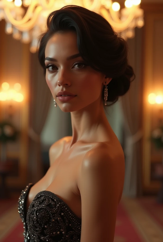 (masterpiece), (extremely intricate:1.3), (ultra realistic), portrait of a girl with exceptionally beautiful facial features and a perfect, fit beautiful body structure, the most beautiful and hottest in the world, (elegant evening dress with intricate beadwork), black hair styled in an updo, standing in a luxurious ballroom with a chandelier, professional photograph of a stunning girl detailed, sharp focus, dramatic, cinematic lighting, octane render unreal engine, volumetrics dtx, (film grain, blurry background, bokeh, depth of field, spotlight, soft shadows)
