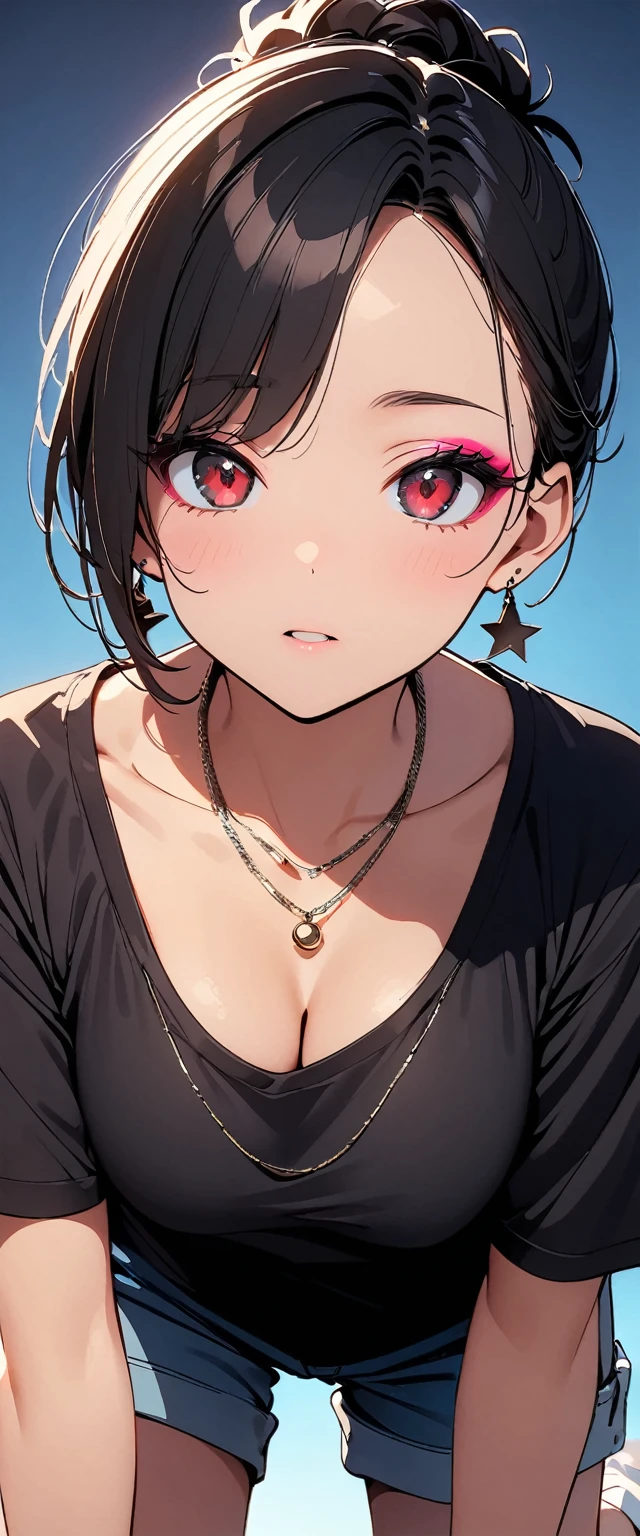 (high quality, 8k, 4K, High Contrast, masterpiece:1.2, 最high quality, Best aesthetics), (Dynamic Angle), ((1 female)),((On all fours:1.5)), ((A plain background:1.3)), ((Flat Color)),High Contrast, Contrasting colors, , Pale pink and blue lighting, blackTshirt,Denim shorts,(White loose socks),Green sneakers, Looking at the audience, (Cool look), Sleepy eyes, ((Short Hair)) , (Tied Hair), Black Hair, Red eyes, Small star-shaped earrings in both ears, bright eyeshadow,high angle shot, blackベースボールキャップ,Mature face,Smoking:1.4,watch on right wrist,necklace,The cleavage is visible