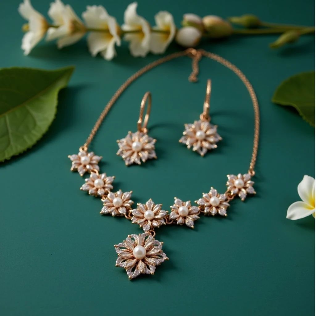"Design a luxurious background with a smooth peach-colored surface. Scatter delicate flowers throughout the scene, intricately adorned with small beads and pearls for an added touch of elegance. The flowers should be arranged in a balanced yet organic composition, creating a soft, romantic atmosphere. The lighting should be gentle and warm, highlighting the details of the flowers and the subtle sheen of the beads and pearls, making it an ideal backdrop for showcasing jewelry."