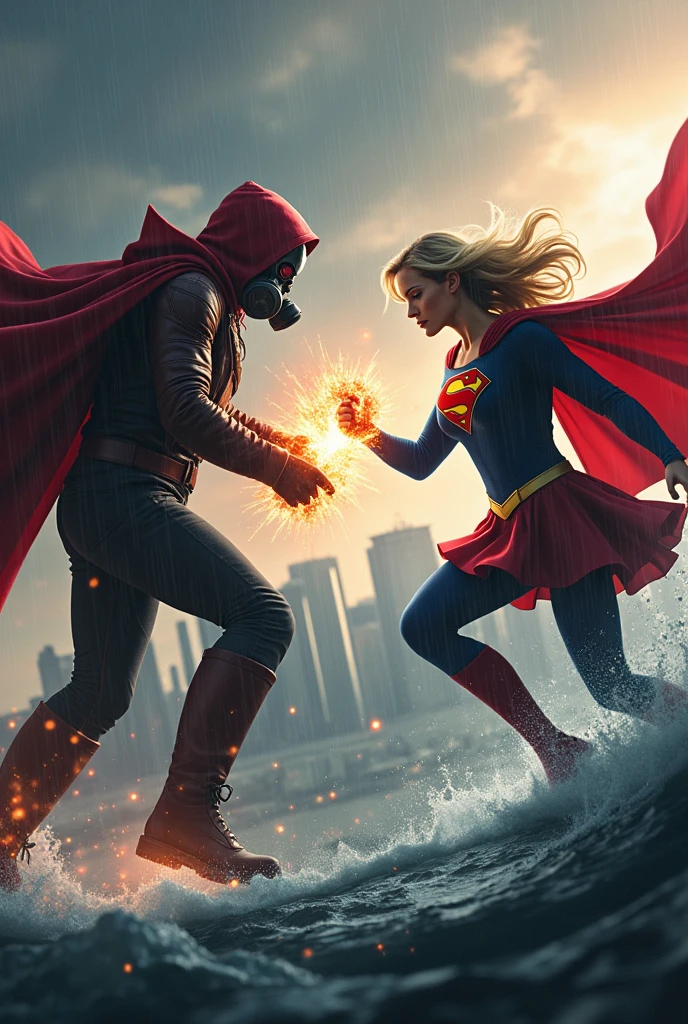 Young Star-lord with red hoodie, headphones, star-lord helmet, gas helmet, covered mouth, round red eyes, Red eyes, magic rings in the hands and rocket boots vs, SuperGirl, Fighting, power, fiction, full body, hug, fall, fire in boots, poweful spells, realistic, helmet, mask, red cape, confrontation, punch, gun, flying in the sky, view of the city from above, rain, fighting, Black gloves, ocean floor, face cover, free hair, front cover