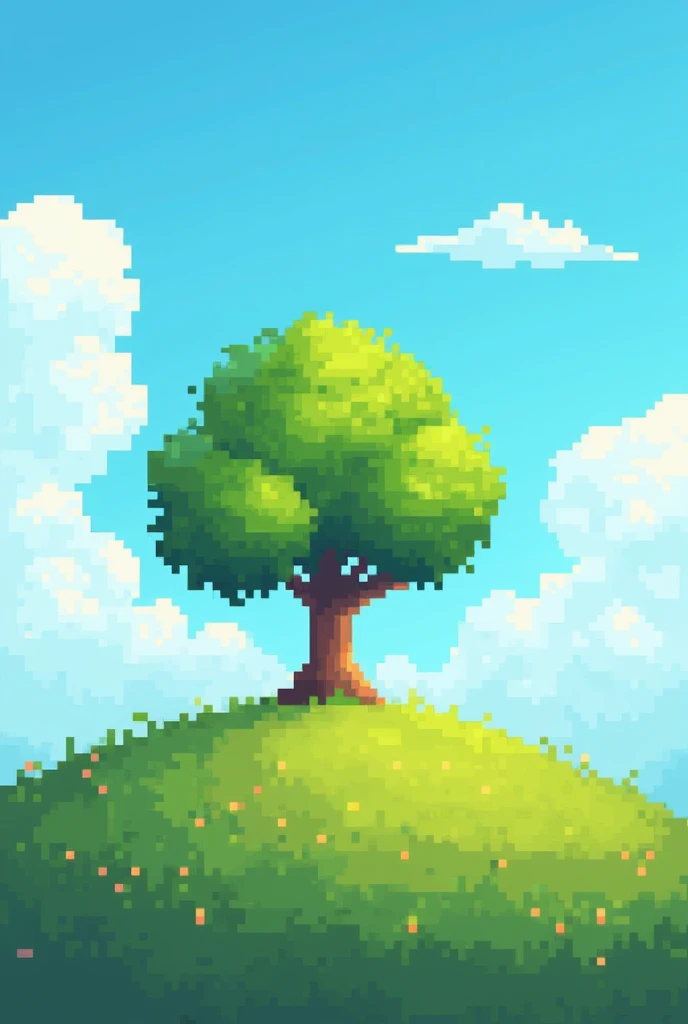 (pixel art) tree on hill, green leaves, blue sky background with fluffy clouds beautiful sunny day, large pixels