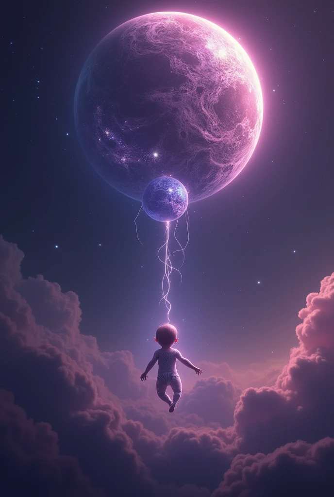 A distant purple planet connected by an umbilical cord to a baby