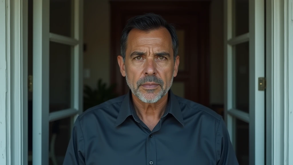 Ultra-realistic portrait of a man in his 40s, with short black hair, dark brown eyes and light brown skin. His expression is enigmatic and slightly threatening. He is wearing a dark suit.
The man is standing at the front door of a house, with the door open in the background. The setting should include elements such as a plant or a rug, but should be blurred so as not to distract attention from the main subject.
The lighting should be soft and natural, with the morning light coming in from outside, creating subtle shadows that accentuate the man's serious expression. The light should highlight the eyes and the texture of the skin, emphasizing the seriousness of the situation.
The image should convey a sense of formality and tension, with a touch of urgency. Suggest a neutral color palette, such as greys and blues, that complements the atmosphere of the morning.
The photo should be of high quality, with 8k rendering and extreme detail, capturing the emotional essence of the moment.