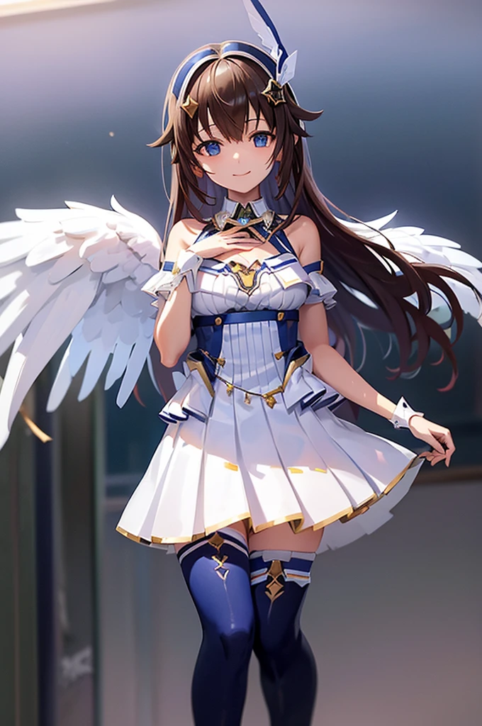mecha wings、White and blue skirt、Thighs、tights、chest、Black Hair、1 girl、solo girl、IS、Frame Arms Girl、Alice Gere Aegis、Blue Armor、income、headphone、hand on own chest、smile、idol woman、idol dress