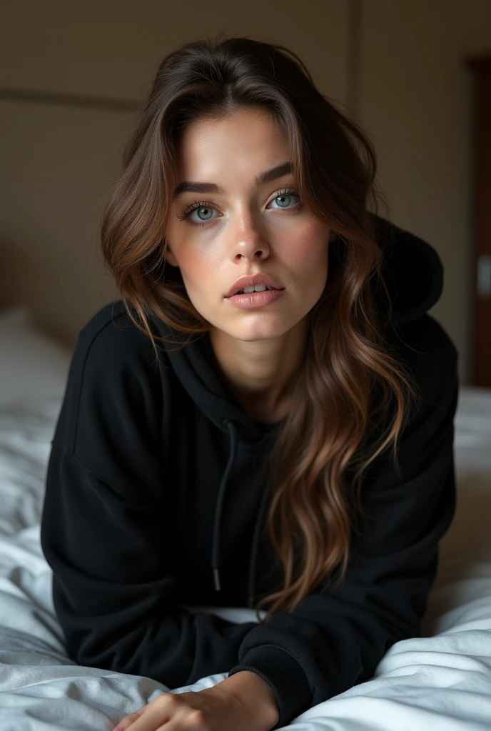 beautiful European girl with blue eyes and brown hair, she's lying on the bed ready to be fucked, she's wearing a black hoodie, she's wearing white sneakers and white jeans, ultra High resolution, (fotorrealista: 1. 4), High resolution, (finely detailed skin), (blue eyes), (perfect proportions) (realistic photos) (masterpiece) (fotorrealista), ultra-realistic (Best quality) (detailed) photographed with a Canon EOS R5, 50mm lens, f/2.8, (8k) (Wallpaper) (cinematic lighting) (dramatic lighting) (complex) mode. 