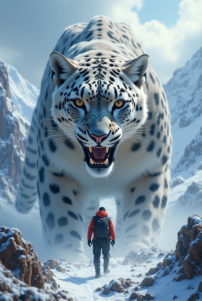 a highly realistic and immersive scene featuring a colossal, mythical snow leopard seamlessly integrated with the rugged, icy mountain peaks. The leopard should have highly detailed fur with natural patterns, piercing eyes, and a commanding presence. The mountain should be depicted with intricate crags and textures, enveloped in swirling high-altitude clouds and gently falling snowflakes. The scene should emphasize a profound sense of scale and depth, using ultra-realistic colors and textures to convey the majesty of the mountain and the power of the predator. The Leopard is gigantic, surreal, abstract, and face-off with an adventurer. Only the leopard's face is near the man's face. His teeth are out and salivating mouth
## **Instructions for SeaArt AI:**
1. **Model Selection:**
- **Realistic Alpine Mix:** Choose models designed for photorealistic textures and details, suitable for high-fidelity mountain and animal depictions.
- **LoRA:** Focus on enhancing the realistic details of the leopard’s fur, mountain textures, and snow effects for a lifelike appearance.
2. **Style and Lighting:**
- **Photorealistic Alpine Style:** Emphasize true-to-life textures and natural light effects.
- **Advanced Realistic Lighting:** Use ComfyUI to adjust light intensity and natural shadow play, highlighting the realistic details of the leopard and the snowy environment.
3. **Image Refinement:**
- Generate multiple variations and select the one with the best balance of realism and detail.
- Use the **Canvas** tool for precise manual adjustments, particularly to enhance the realistic textures of the leopard’s fur and the mountain’s rugged surface.
- Apply **Swift AI tools** to increase sharpness and resolution, focusing on realistic detail enhancement.
4. **Color Palette:**
- Use true-to-life cool blues and whites for the mountain and snow.
- Incorporate realistic soft grays and whites for the leopard’s fur, ensuring natural color variations.
5. **Po