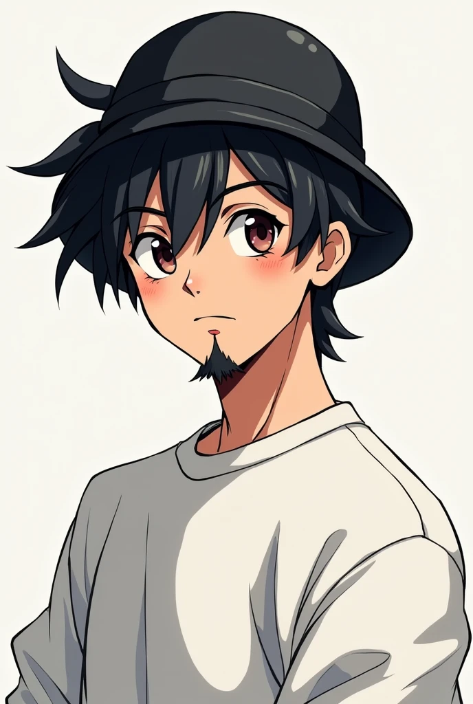 Male character in anime format with white sweatshirt and black bucket hat and black hair with mustache and goatee 