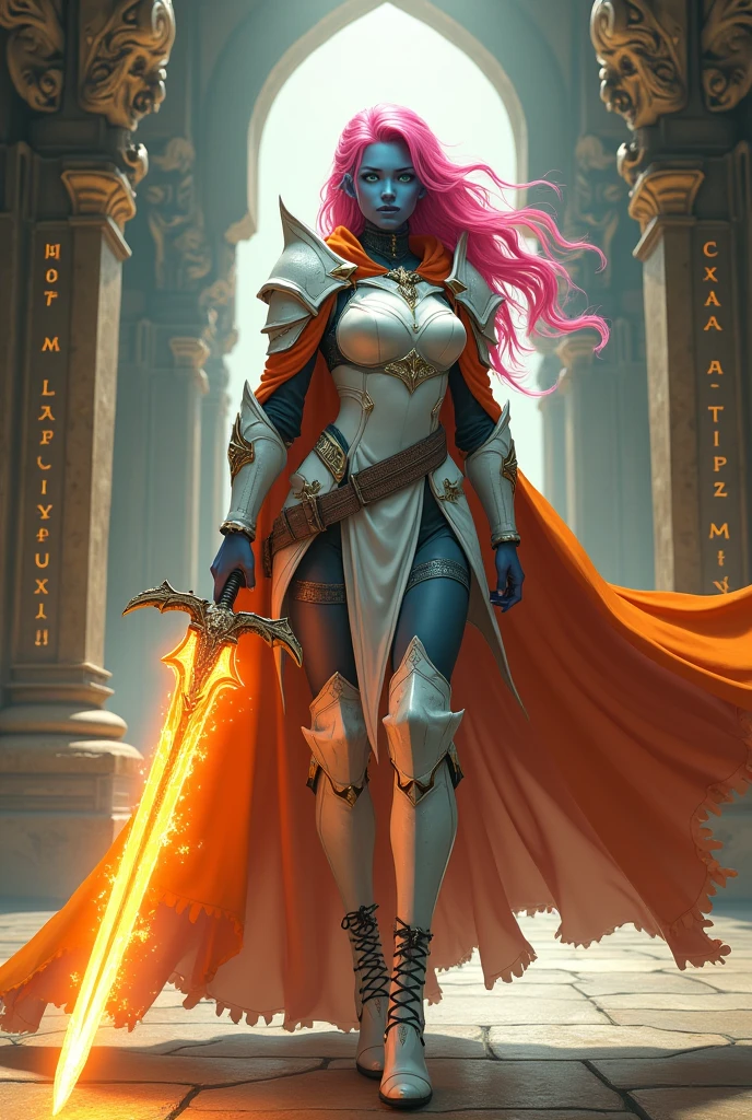 fantasy art, dnd art, RPG art, wide shot, (masterpiece: 1.4) a (portrait: 1.3) intense details, highly detailed, photorealistic, best quality, highres, portrait a female (fantasy art, Masterpiece, best quality: 1.3) ((blue skin: 1.5)), intense details facial details, exquisite beauty, (fantasy art, Masterpiece, best quality) cleric, (blue skinned: 1.3) female, (pink hair: 1.3), long hair, (no ears: 1.5), (green eyes: 1.3), armed with a fiery sword red fire, wearing heavy (white armor: 1.3), wearing high heeled laced boots, wearing an (orange cloak:1.3), wearing glowing holy symbol GlowingRunes_yellow, within fantasy temple background, reflection light, high details, best quality, 16k, [ultra detailed], masterpiece, best quality, (extremely detailed), close up, ultra wide shot, photorealistic, RAW, fantasy art, dnd art, fantasy art, realistic art,((best quality)), ((masterpiece)), (detailed), perfect face, art by mooncryptowow