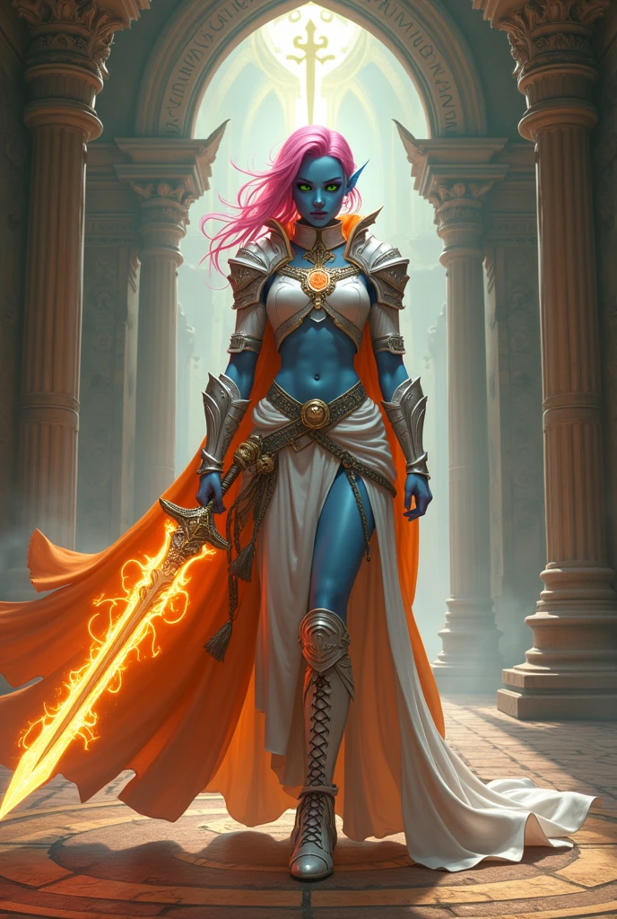 fantasy art, dnd art, RPG art, wide shot, (masterpiece: 1.4) a (portrait: 1.3) intense details, highly detailed, photorealistic, best quality, highres, portrait a female (fantasy art, Masterpiece, best quality: 1.3) ((blue skin: 1.5)), intense details facial details, exquisite beauty, (fantasy art, Masterpiece, best quality) cleric, (blue skinned: 1.3) female, (pink hair: 1.3), long hair, (no ears: 1.5), (green eyes: 1.3), armed with a fiery sword red fire, wearing heavy (white armor: 1.3), wearing high heeled laced boots, wearing an (orange cloak:1.3), wearing glowing holy symbol GlowingRunes_yellow, within fantasy temple background, reflection light, high details, best quality, 16k, [ultra detailed], masterpiece, best quality, (extremely detailed), close up, ultra wide shot, photorealistic, RAW, fantasy art, dnd art, fantasy art, realistic art,((best quality)), ((masterpiece)), (detailed), perfect face, art by mooncryptowow