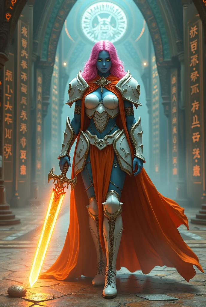fantasy art, dnd art, RPG art, wide shot, (masterpiece: 1.4) a (portrait: 1.3) intense details, highly detailed, photorealistic, best quality, highres, portrait a female (fantasy art, Masterpiece, best quality: 1.3) ((blue skin: 1.5)), intense details facial details, exquisite beauty, (fantasy art, Masterpiece, best quality) cleric, (blue skinned: 1.3) female, (pink hair: 1.3), long hair, (no ears: 1.5), (green eyes: 1.3), armed with a fiery sword red fire, wearing heavy (white armor: 1.3), wearing high heeled laced boots, wearing an (orange cloak:1.3), wearing glowing holy symbol GlowingRunes_yellow, within fantasy temple background, reflection light, high details, best quality, 16k, [ultra detailed], masterpiece, best quality, (extremely detailed), close up, ultra wide shot, photorealistic, RAW, fantasy art, dnd art, fantasy art, realistic art,((best quality)), ((masterpiece)), (detailed), perfect face, art by mooncryptowow