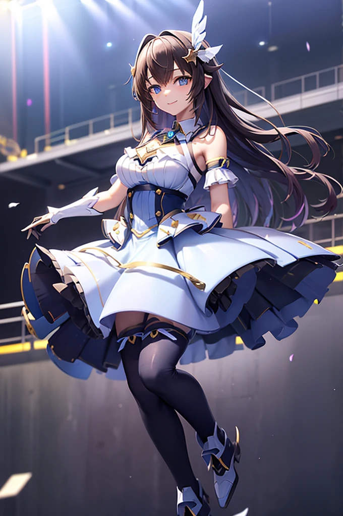 mecha wings、White and blue skirt、Thighs、tights、chest、Black Hair、1 girl、solo girl、IS、Frame Arms Girl、Alice Gere Aegis、Blue Armor、income、headphone、hand on own chest、smile、idol woman、idol dress