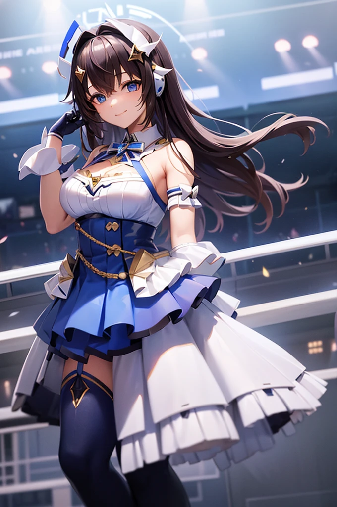 mecha wings、White and blue skirt、Thighs、tights、chest、Black Hair、1 girl、solo girl、IS、Frame Arms Girl、Alice Gere Aegis、Blue Armor、income、headphone、hand on own chest、smile、idol woman、idol dress