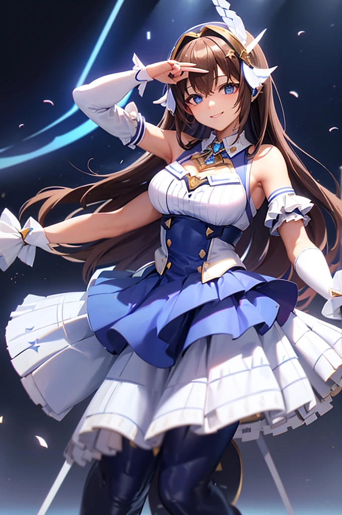 mecha wings、White and blue skirt、Thighs、tights、chest、Black Hair、1 girl、solo girl、IS、Frame Arms Girl、Alice Gere Aegis、Blue Armor、income、headphone、hand on own chest、smile、idol woman、idol dress