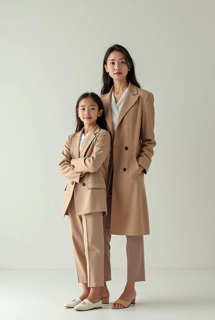 An advertising campaign image with the logo behind a mother and her daughter in front of her, the two dressed similarly and looking forward