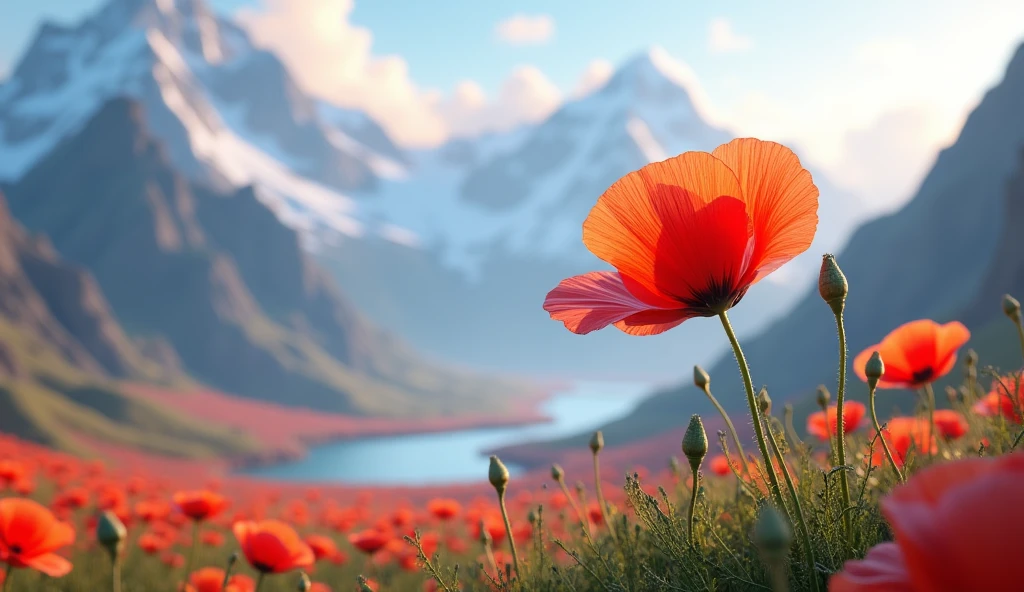 Create a 3d poppy image with an extraordinary background In horizontal size, as for a wallpaper
