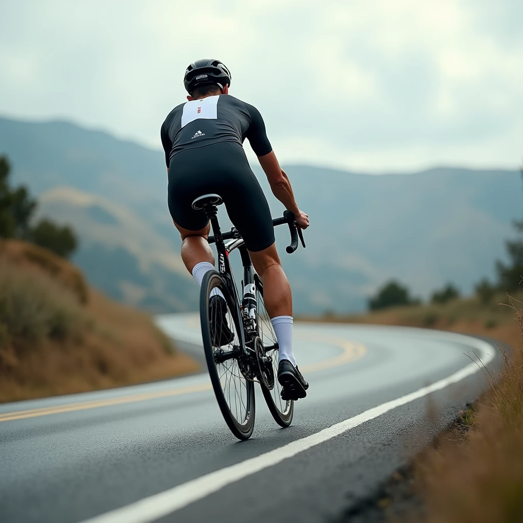 Road bike athlete, rear view, running diagonally upwards to the right, headwind effect