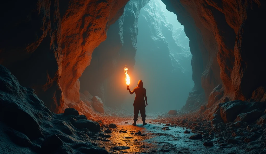 A person holding a torch, illuminating shadowy figures in a modern cave, with color enhanceme