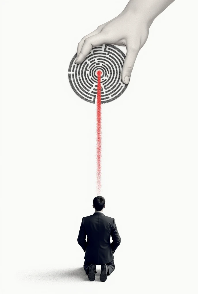 "A business professional in a suit, kneeling and contemplating a large maze drawn on a white surface. The maze is complex, but a large hand is drawing a straight red line across the maze, creating a shortcut directly to the exit. The scene is minimalist, with a focus on problem-solving and finding efficient solutions."
This prompt should create a similar image with a focus on the themes of strategic thinking and finding solutions in a business context.