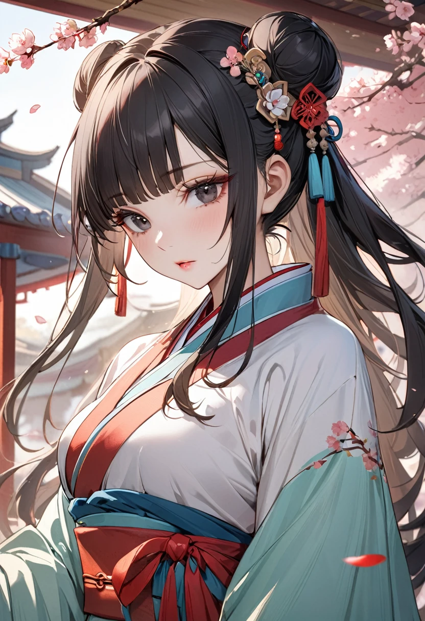 ((best quality)), ((Masterpiece)), (details), Young woman, (Medium bust, black hair, black eyes, ((long hair, buns)) ,(Bangs),Hip fart,Long eyelashes,Thick eyelashes)  , hair accessories, Hanfu, east asian architecture, Petals fall, cherry tree, Ancient Chinese clothing，Dunhuang costume