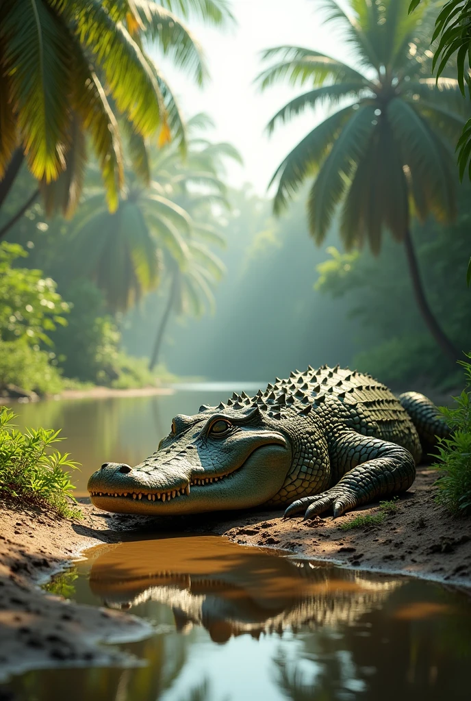 Crocodile Sunbathing by a Riverbank: A crocodile lying on the bank, with the jungle river flowing past.

