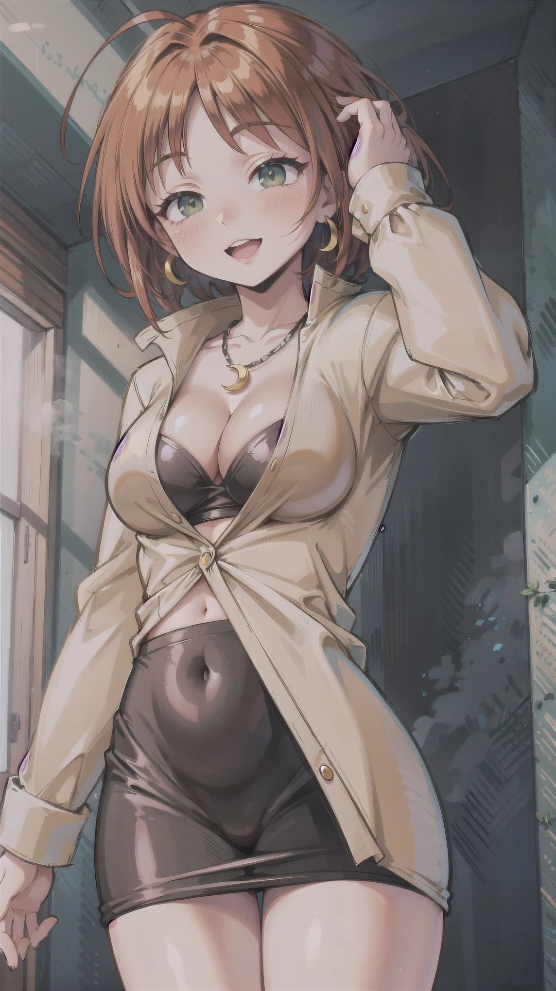 ((super high quality,))((Ultra-high resolution,))(16K,)(super masterpiece,)((Ultra HD ,))(Detailed shading,)Looking up from directly below,One sexy woman,Brown short hair bouncing out,popped Tight collar Yellow shirts,Unbutton your shirt down to your chest,Long sleeve,Cleavage,Black tight skirt,Crescent-shaped earrings,Crescent Necklace,Ecstatic smile,blush,Put your hands on your head,Lean forward diagonally,
