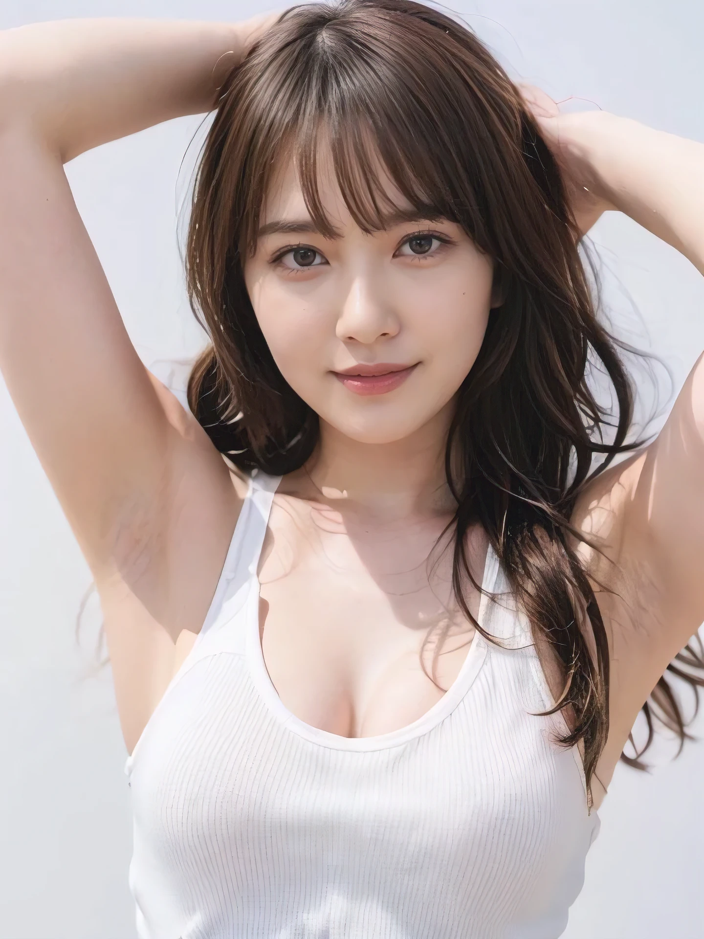 1girl, 25years old woman, (perfectly detailed face), ((Tank tops)), Slim body, Small breasts, medium breasts, cute face, beautiful face, ((looking at viewer)), Simple Background, ((white background)), ((white wallpaper)), White skin, (bright lighting:1.2), perfect lighting, armpits, Show one armpit, Smooth and beautiful armpits, smile, photorealistic, (bokeh), UHD, anatomically correct, highres, masterpiece