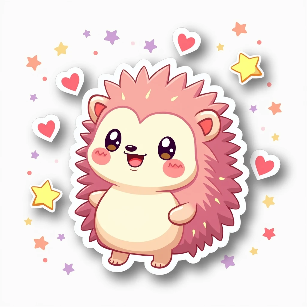A sticker of a kawaii hedgehog with a  and a big head, surrounded by little stars and hearts, with a thick white border for an eye-catching and adorable sticker