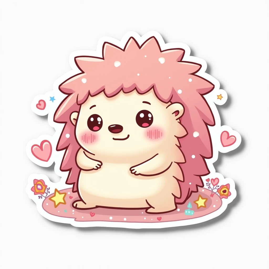 A sticker of a kawaii hedgehog with a and a big head, surrounded by little stars and hearts, with a thick white border for an eye-catching and adorable sticker