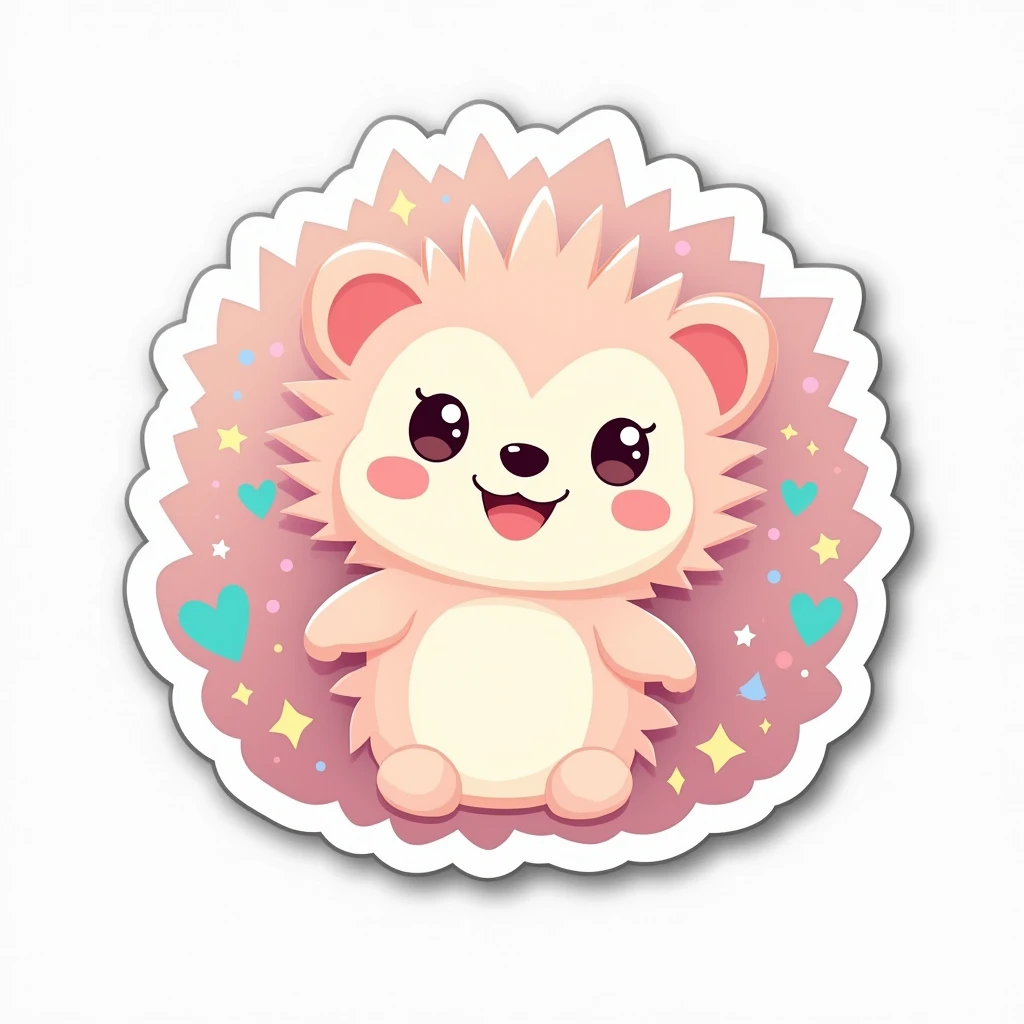 A sticker of a kawaii hedgehog with a  and a big head, surrounded by little stars and hearts, with a thick white border for an eye-catching and adorable sticker